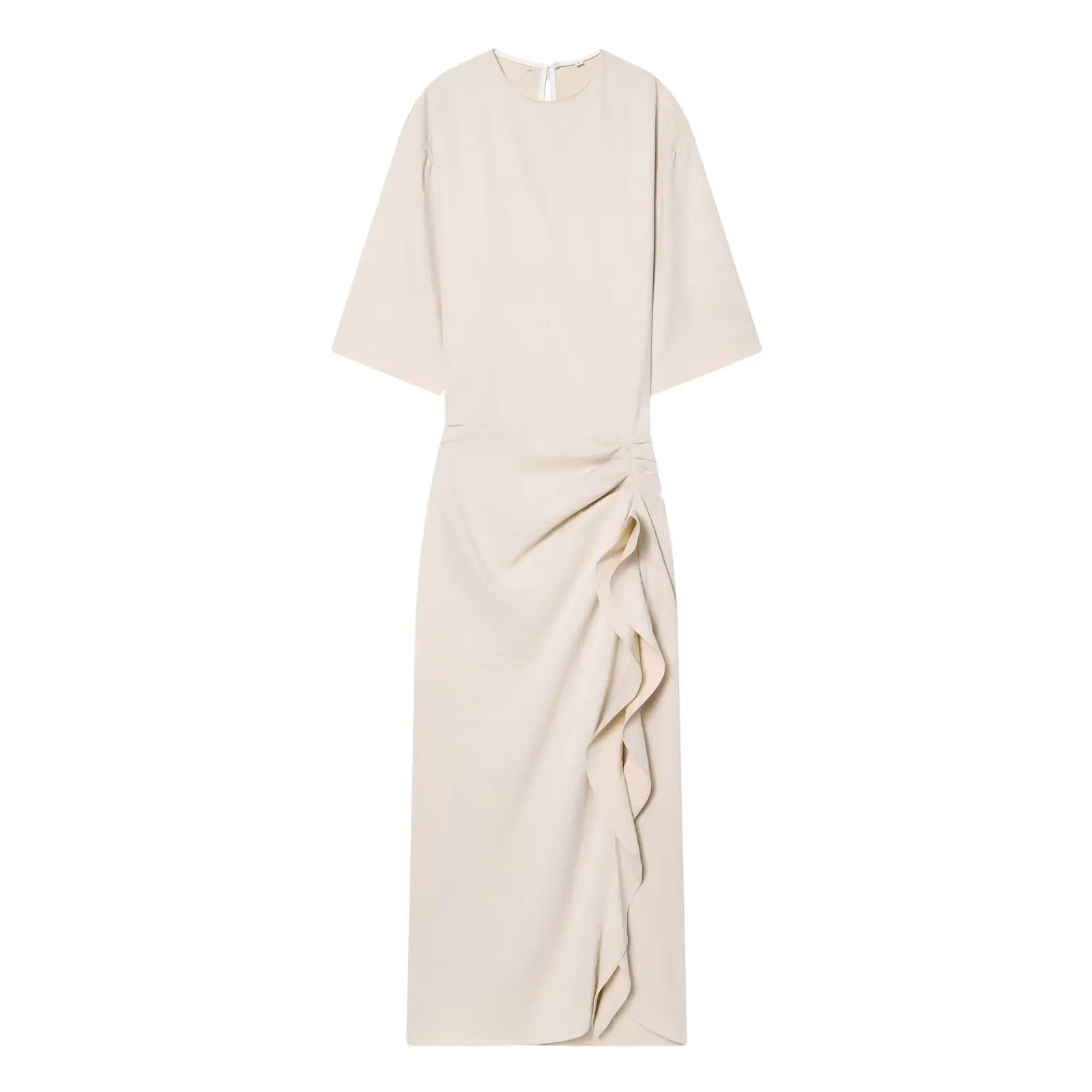 HH Women New Fashion Round Neck Pleated Short Sleeve Waist Dress Women Casual Sexy Side Zipper Button Solid Midi Summer Dress