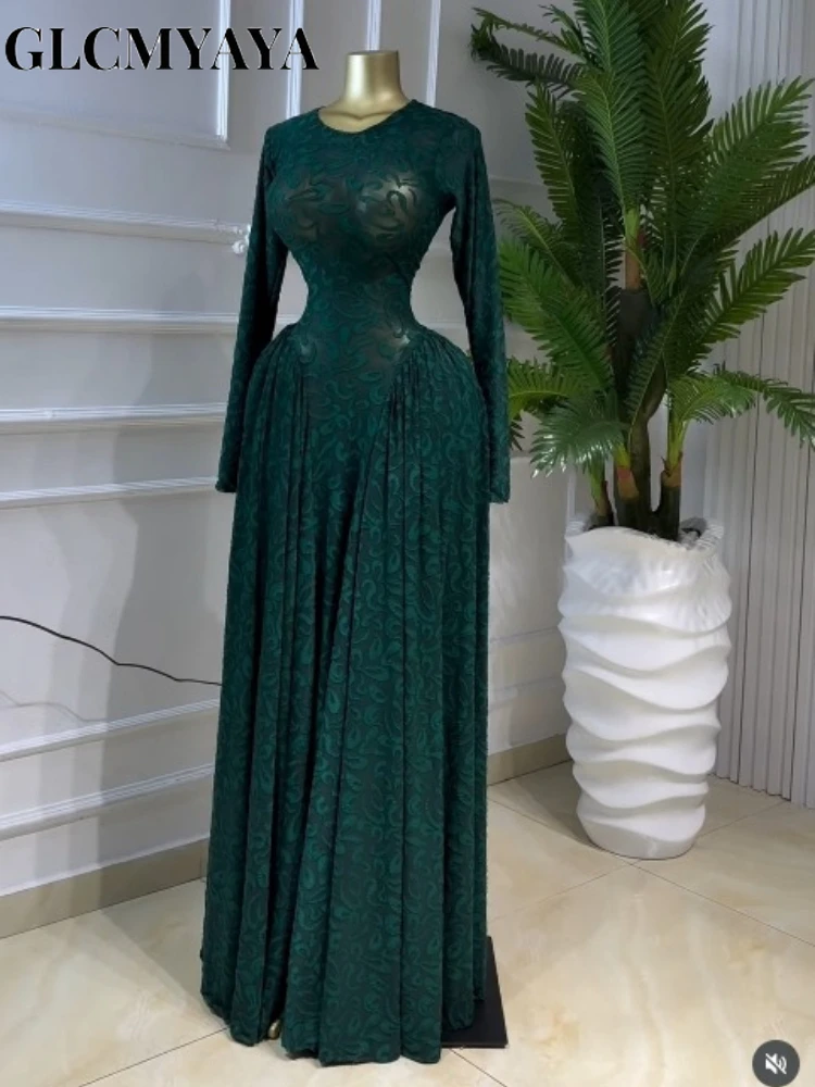 CM.YAYA Women Lace Up O-neck Long Sleeve Big Swing A-line Maxi Dress 2026 Sexy Parties Education Vacation Long Dresses Vestidos