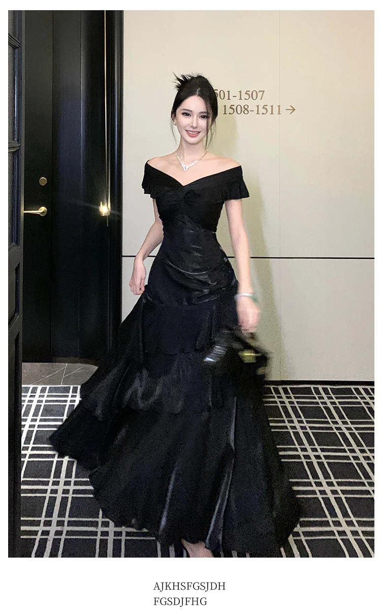 Elegant Evening Party Ruffles Mermaid Dresses Women Summer V Neck Short Sleeve Slim Black Dress Holiday Beach Birthday Dress