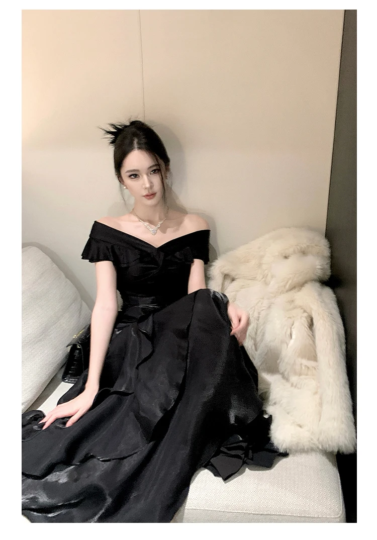 Elegant Evening Party Ruffles Mermaid Dresses Women Summer V Neck Short Sleeve Slim Black Dress Holiday Beach Birthday Dress