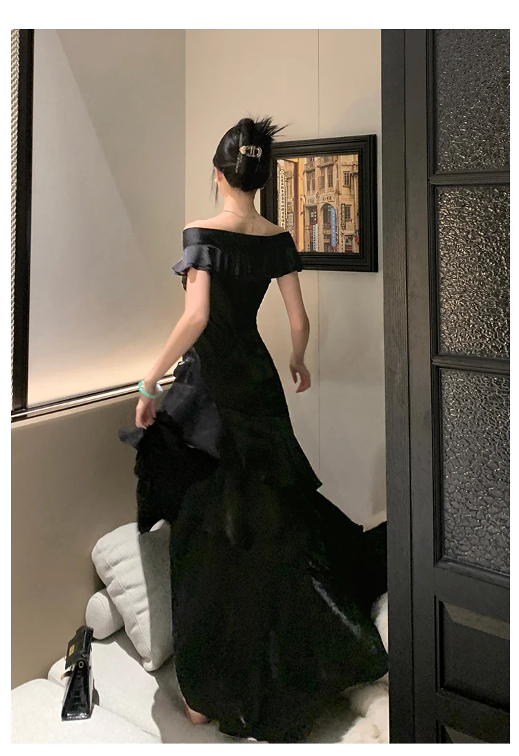 Elegant Evening Party Ruffles Mermaid Dresses Women Summer V Neck Short Sleeve Slim Black Dress Holiday Beach Birthday Dress