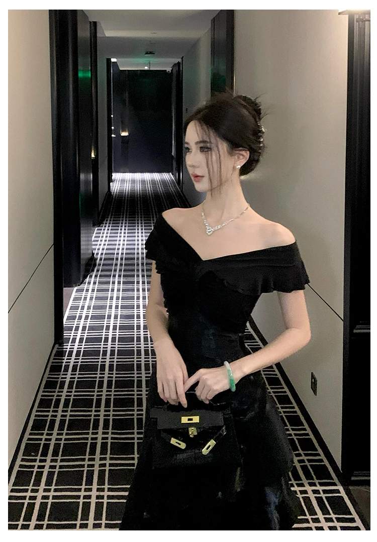 Elegant Evening Party Ruffles Mermaid Dresses Women Summer V Neck Short Sleeve Slim Black Dress Holiday Beach Birthday Dress