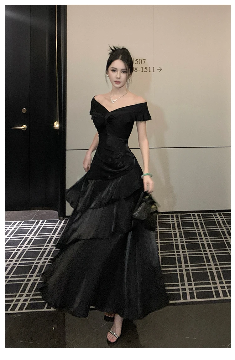 Elegant Evening Party Ruffles Mermaid Dresses Women Summer V Neck Short Sleeve Slim Black Dress Holiday Beach Birthday Dress