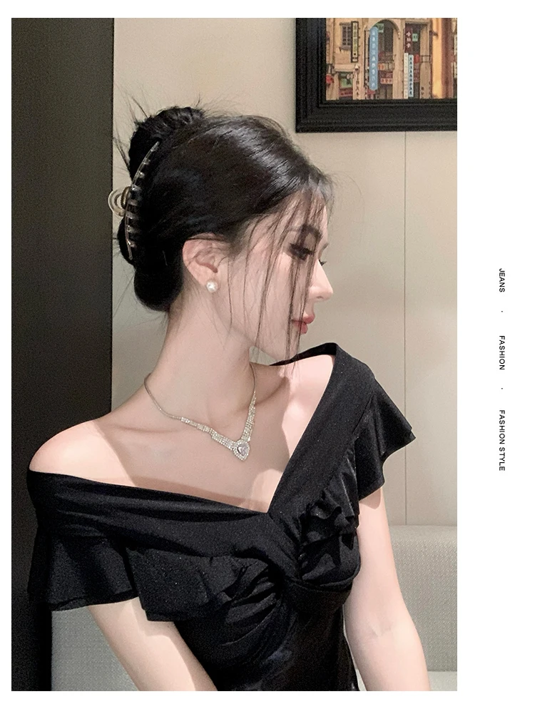 Elegant Evening Party Ruffles Mermaid Dresses Women Summer V Neck Short Sleeve Slim Black Dress Holiday Beach Birthday Dress