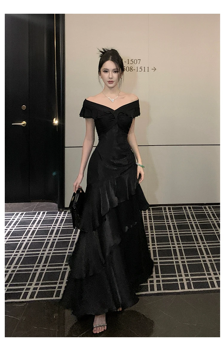Elegant Evening Party Ruffles Mermaid Dresses Women Summer V Neck Short Sleeve Slim Black Dress Holiday Beach Birthday Dress