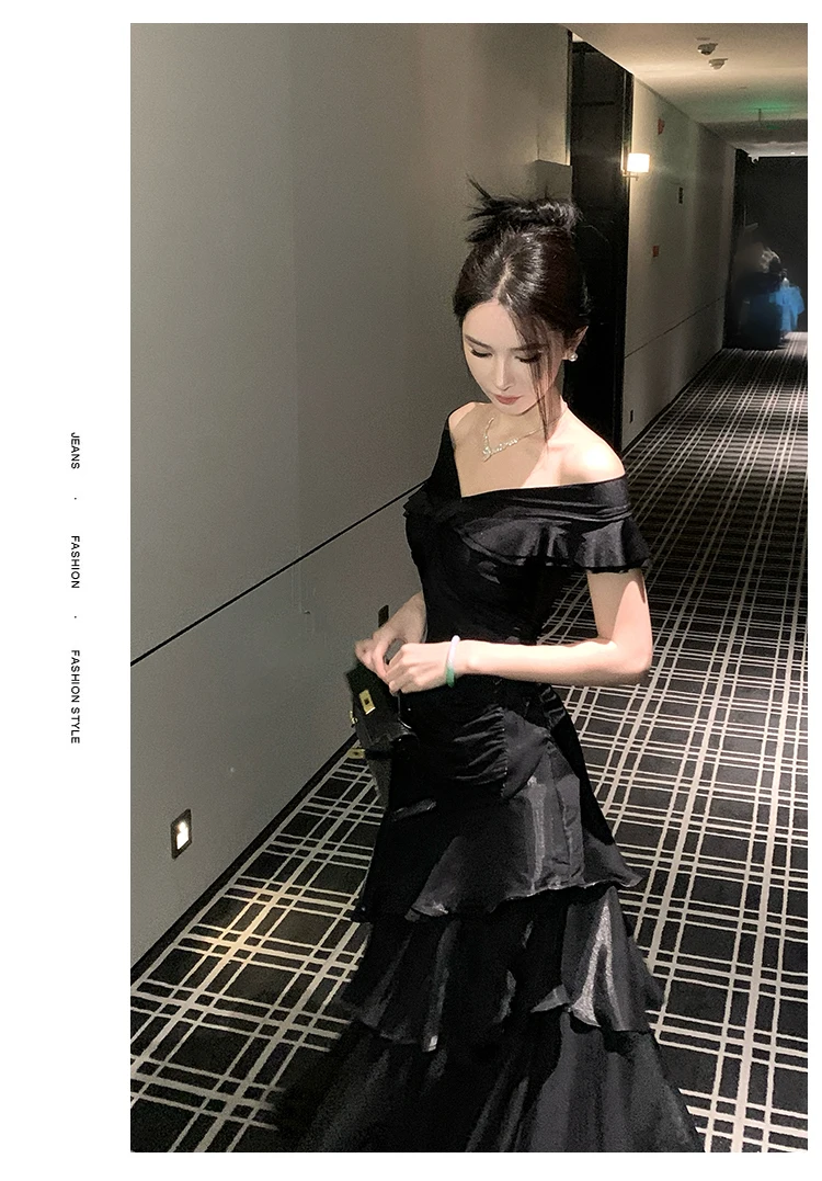 Elegant Evening Party Ruffles Mermaid Dresses Women Summer V Neck Short Sleeve Slim Black Dress Holiday Beach Birthday Dress