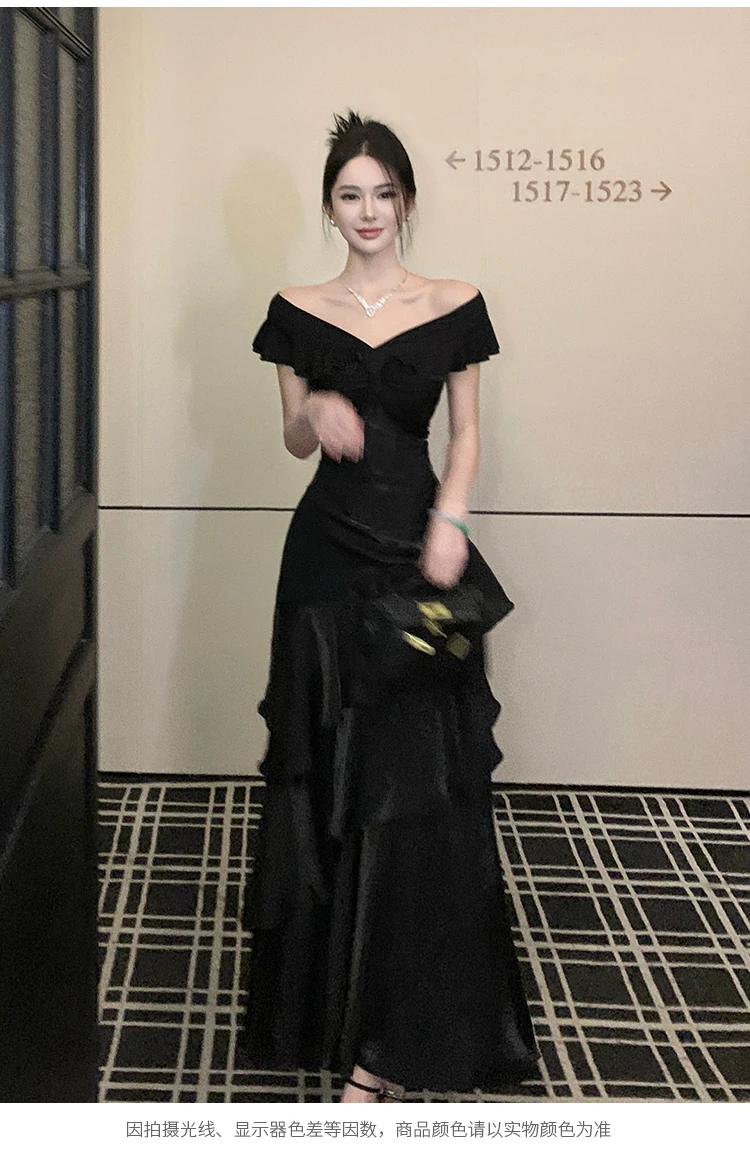 Elegant Evening Party Ruffles Mermaid Dresses Women Summer V Neck Short Sleeve Slim Black Dress Holiday Beach Birthday Dress