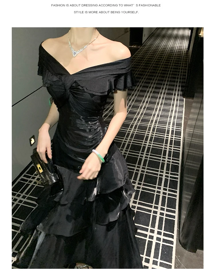 Elegant Evening Party Ruffles Mermaid Dresses Women Summer V Neck Short Sleeve Slim Black Dress Holiday Beach Birthday Dress