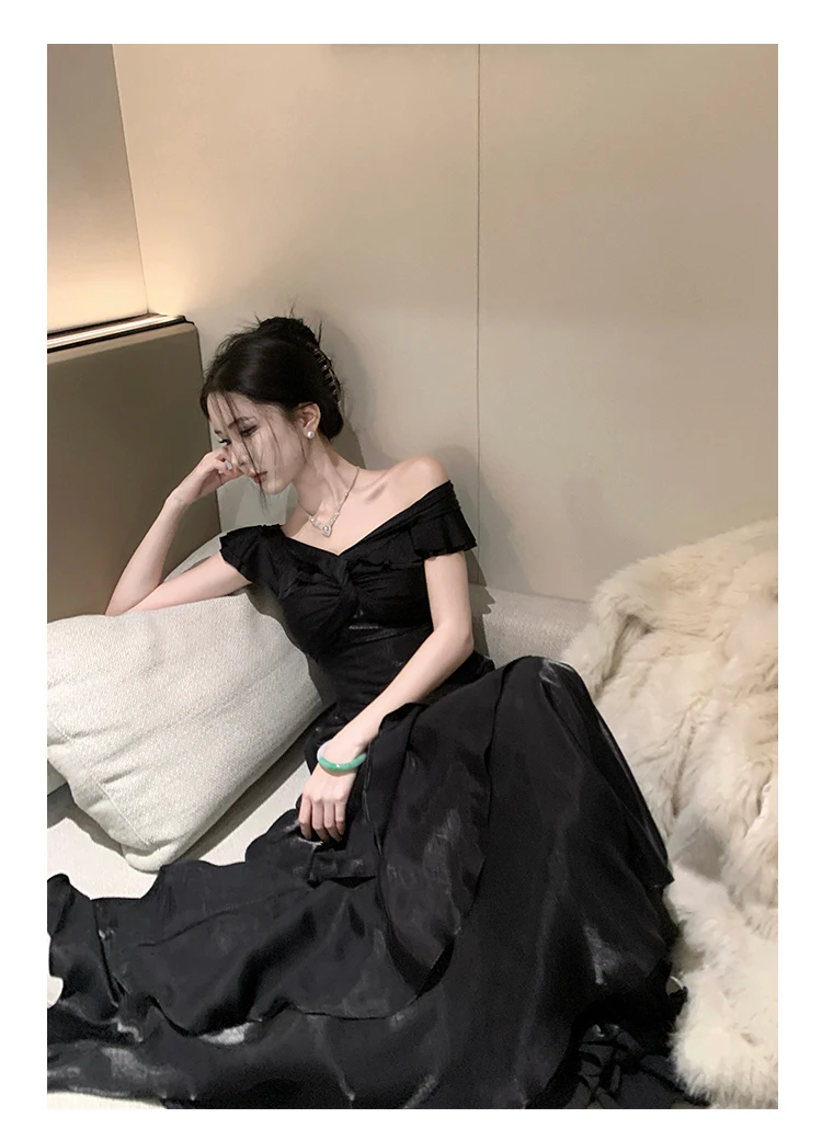 Elegant Evening Party Ruffles Mermaid Dresses Women Summer V Neck Short Sleeve Slim Black Dress Holiday Beach Birthday Dress