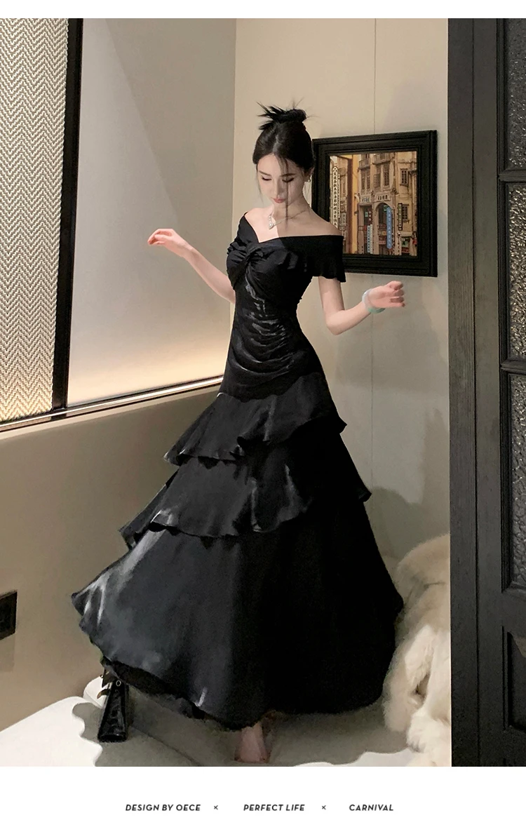 Elegant Evening Party Ruffles Mermaid Dresses Women Summer V Neck Short Sleeve Slim Black Dress Holiday Beach Birthday Dress
