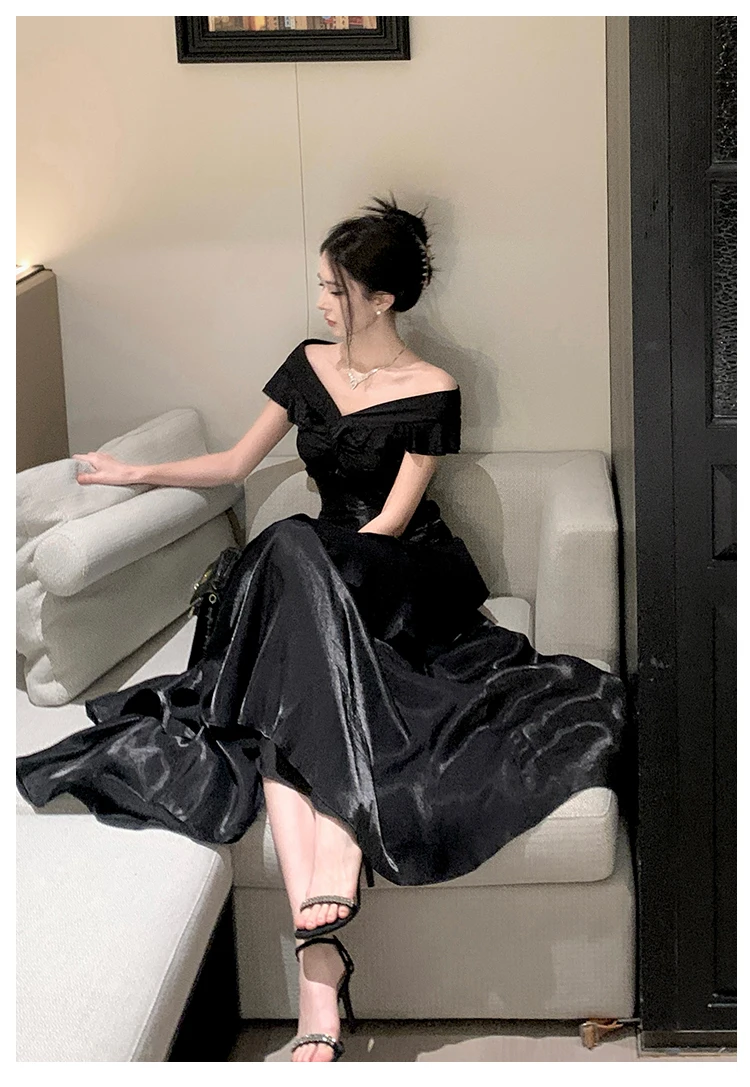 Elegant Evening Party Ruffles Mermaid Dresses Women Summer V Neck Short Sleeve Slim Black Dress Holiday Beach Birthday Dress