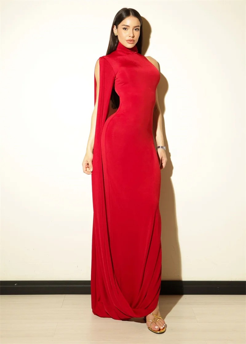 Blifanbo Split Turtleneck Sexy Maxi Dress Women Gown One-shoulder High Waist Bodycon Solid Fashion Club Party Long Dress Elegant