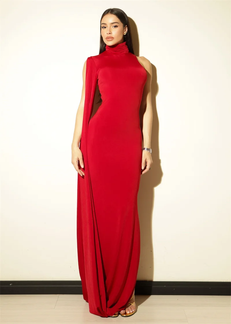 Blifanbo Split Turtleneck Sexy Maxi Dress Women Gown One-shoulder High Waist Bodycon Solid Fashion Club Party Long Dress Elegant