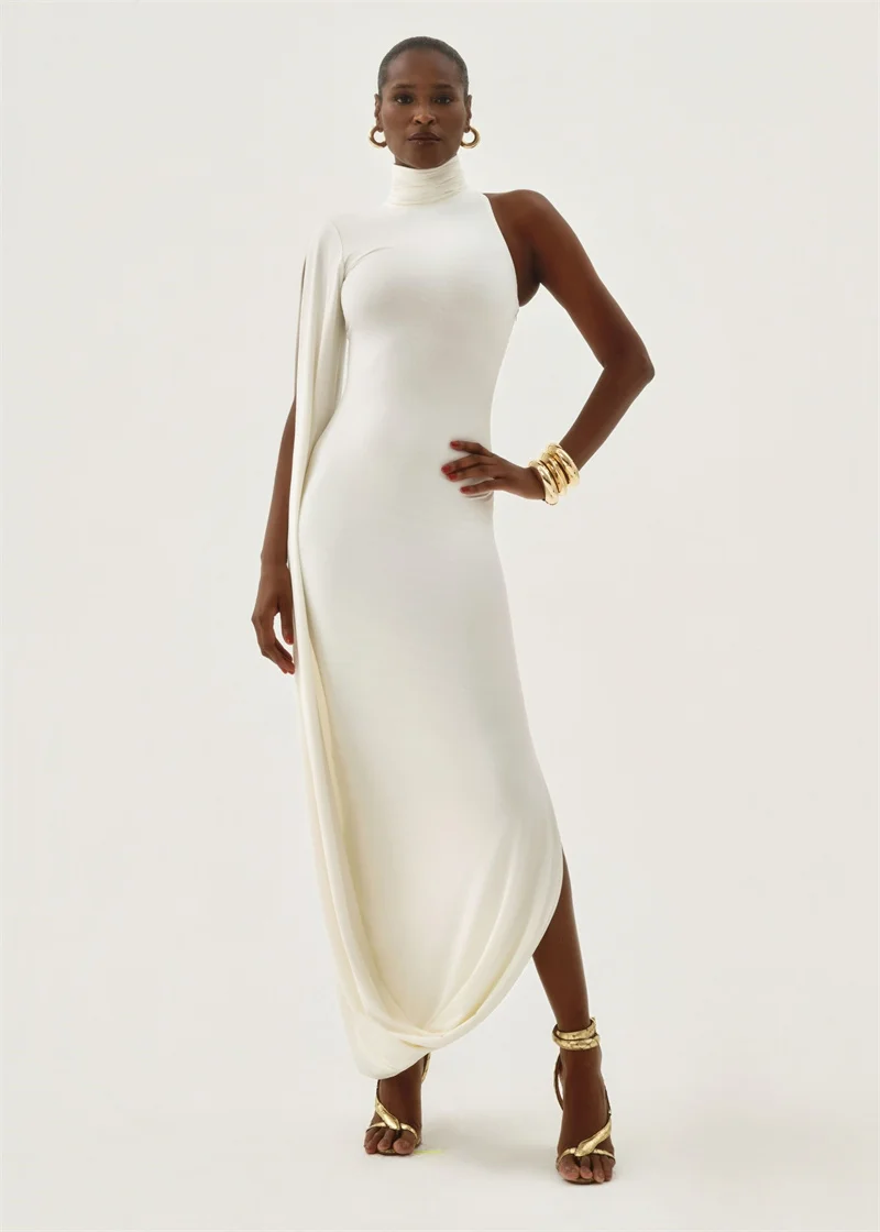 Blifanbo Split Turtleneck Sexy Maxi Dress Women Gown One-shoulder High Waist Bodycon Solid Fashion Club Party Long Dress Elegant