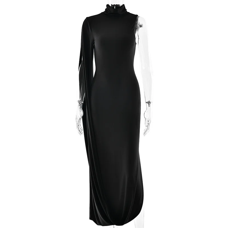 Blifanbo Split Turtleneck Sexy Maxi Dress Women Gown One-shoulder High Waist Bodycon Solid Fashion Club Party Long Dress Elegant