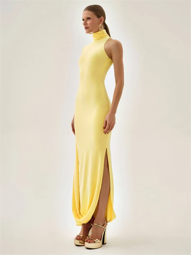 Blifanbo Split Turtleneck Sexy Maxi Dress Women Gown One-shoulder High Waist Bodycon Solid Fashion Club Party Long Dress Elegant