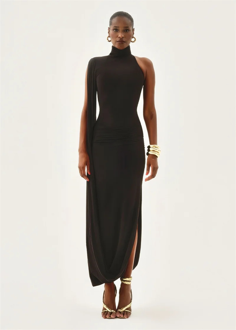 Blifanbo Split Turtleneck Sexy Maxi Dress Women Gown One-shoulder High Waist Bodycon Solid Fashion Club Party Long Dress Elegant