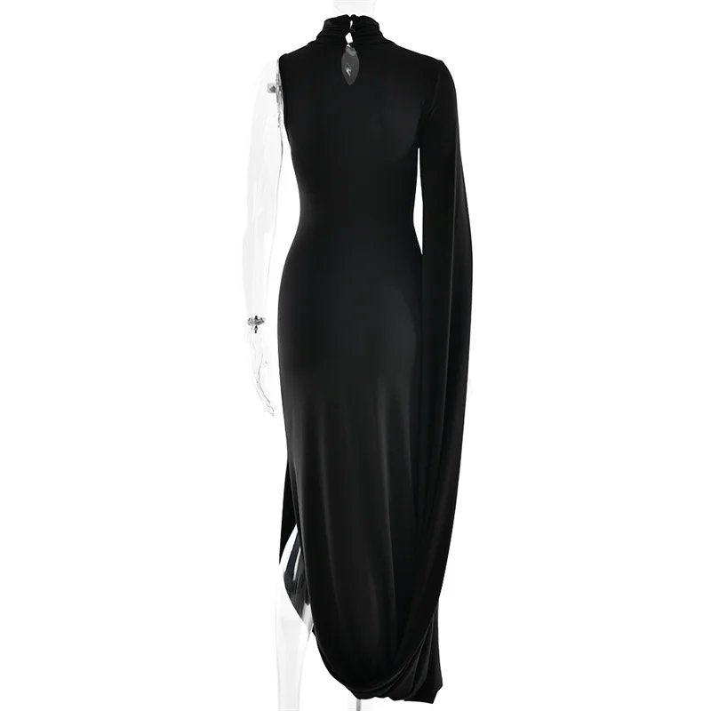 Blifanbo Split Turtleneck Sexy Maxi Dress Women Gown One-shoulder High Waist Bodycon Solid Fashion Club Party Long Dress Elegant