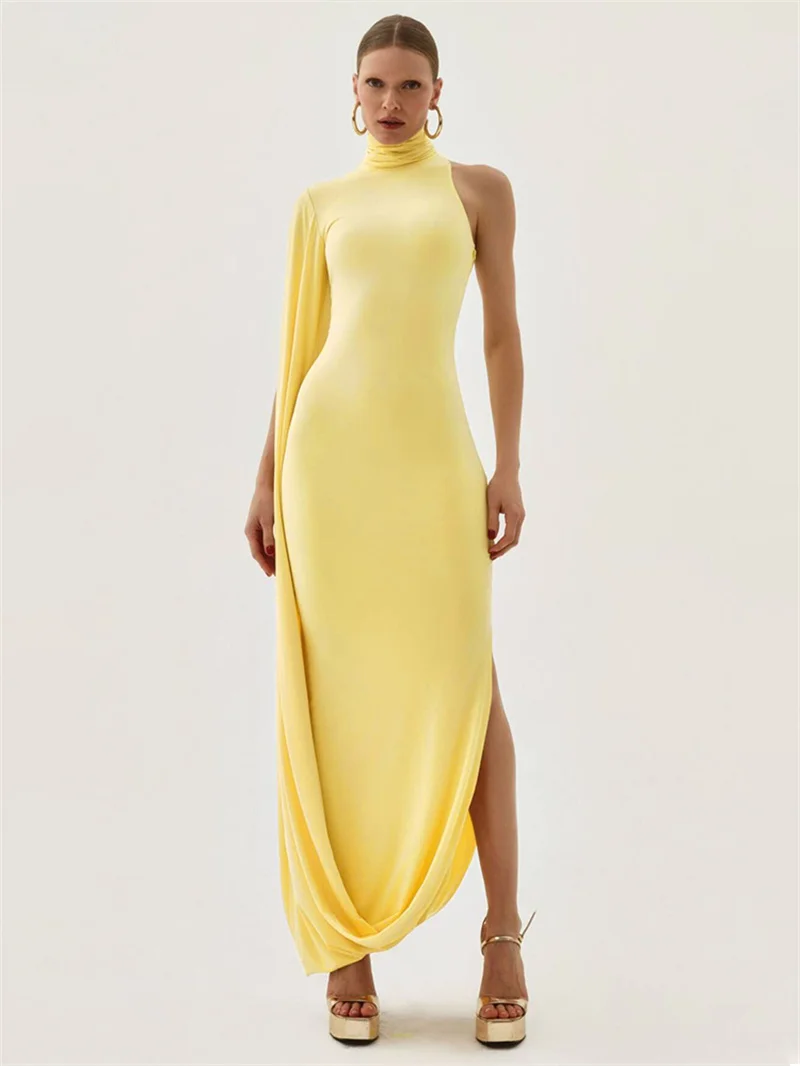Blifanbo Split Turtleneck Sexy Maxi Dress Women Gown One-shoulder High Waist Bodycon Solid Fashion Club Party Long Dress Elegant