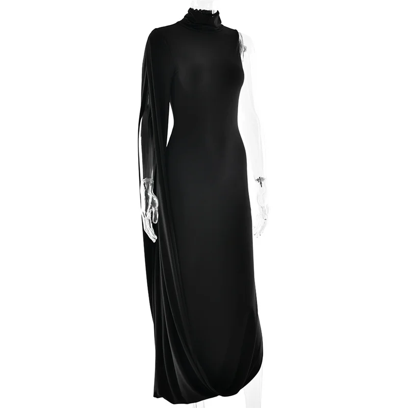Blifanbo Split Turtleneck Sexy Maxi Dress Women Gown One-shoulder High Waist Bodycon Solid Fashion Club Party Long Dress Elegant