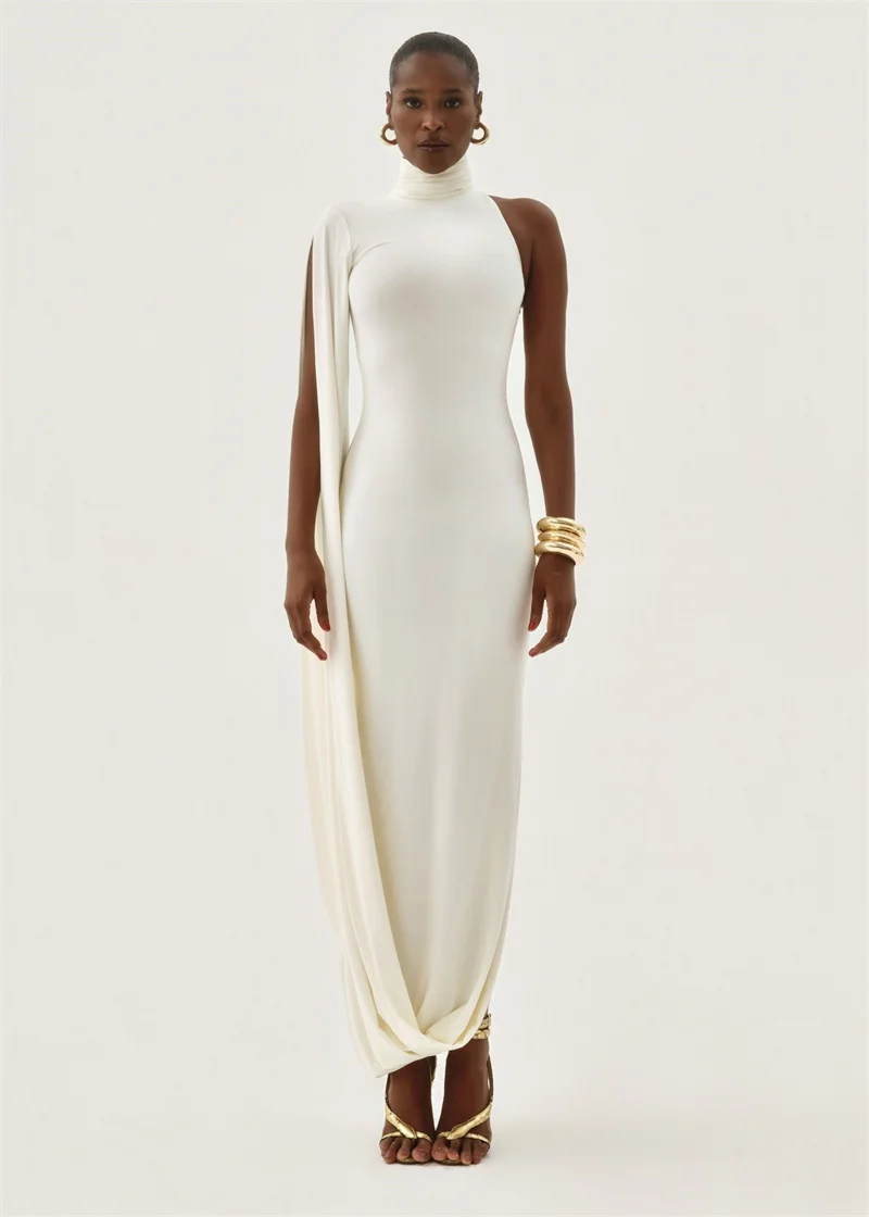Blifanbo Split Turtleneck Sexy Maxi Dress Women Gown One-shoulder High Waist Bodycon Solid Fashion Club Party Long Dress Elegant