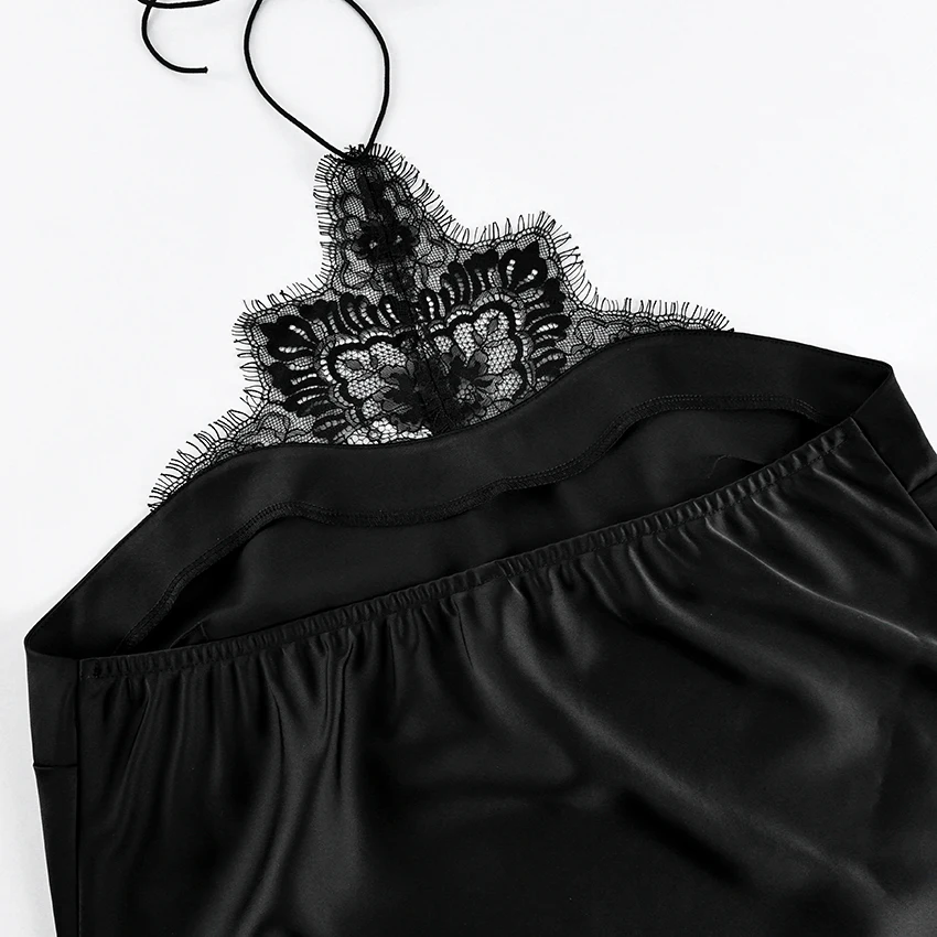 Linad Sexy High Waist Lace Mini Halter Dress Women 2026 Summer Black Satin Slim Party Dresses Elegant Silk Pencil Dress Female