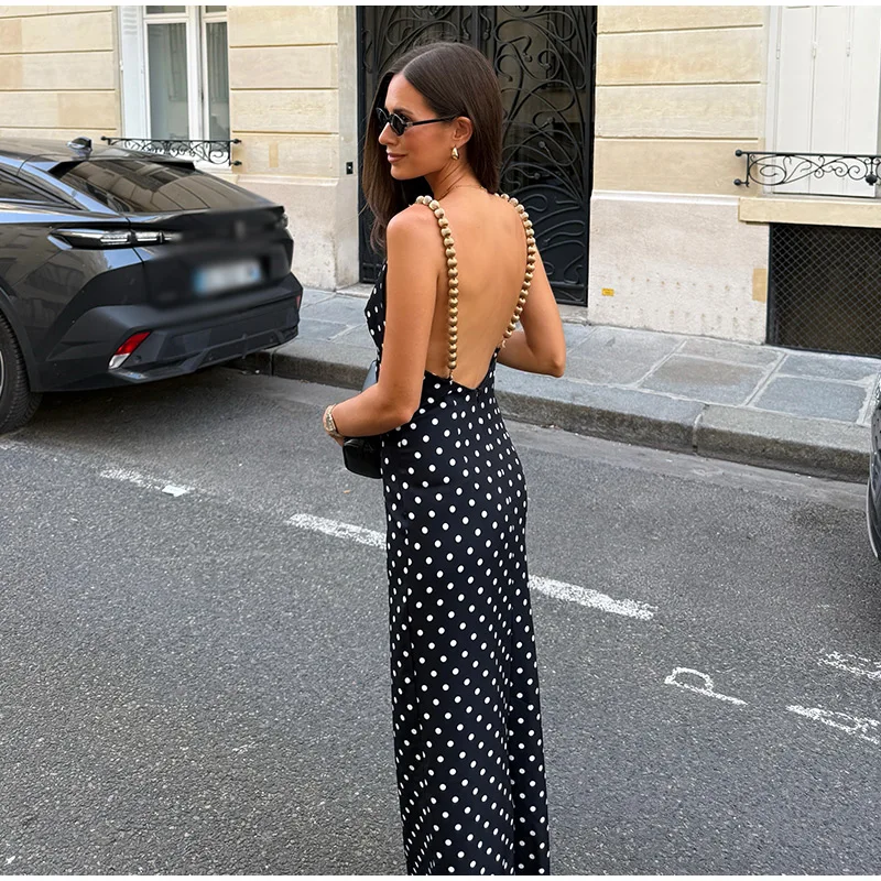 Sexy Beading Suspender Backless Dress Women Polka Dot Sleeveless Bodycon Party Dresses 2026 Summer Lady New Slim Street Robes
