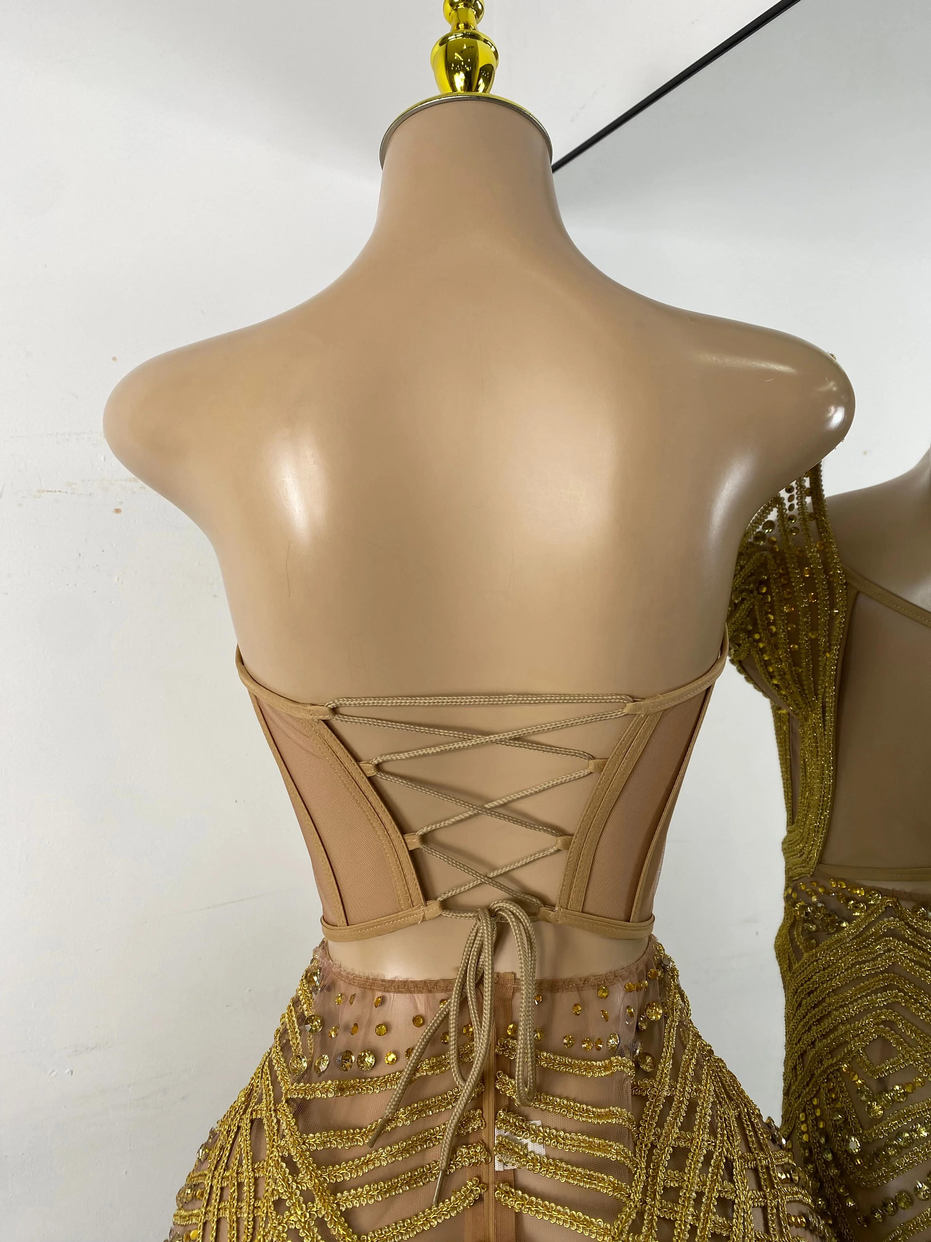 Women Sexy Sprakly Strapless Mesh See Through Mini Birthday Dress Evening Party Nightclub Performance Costume Stage Wear