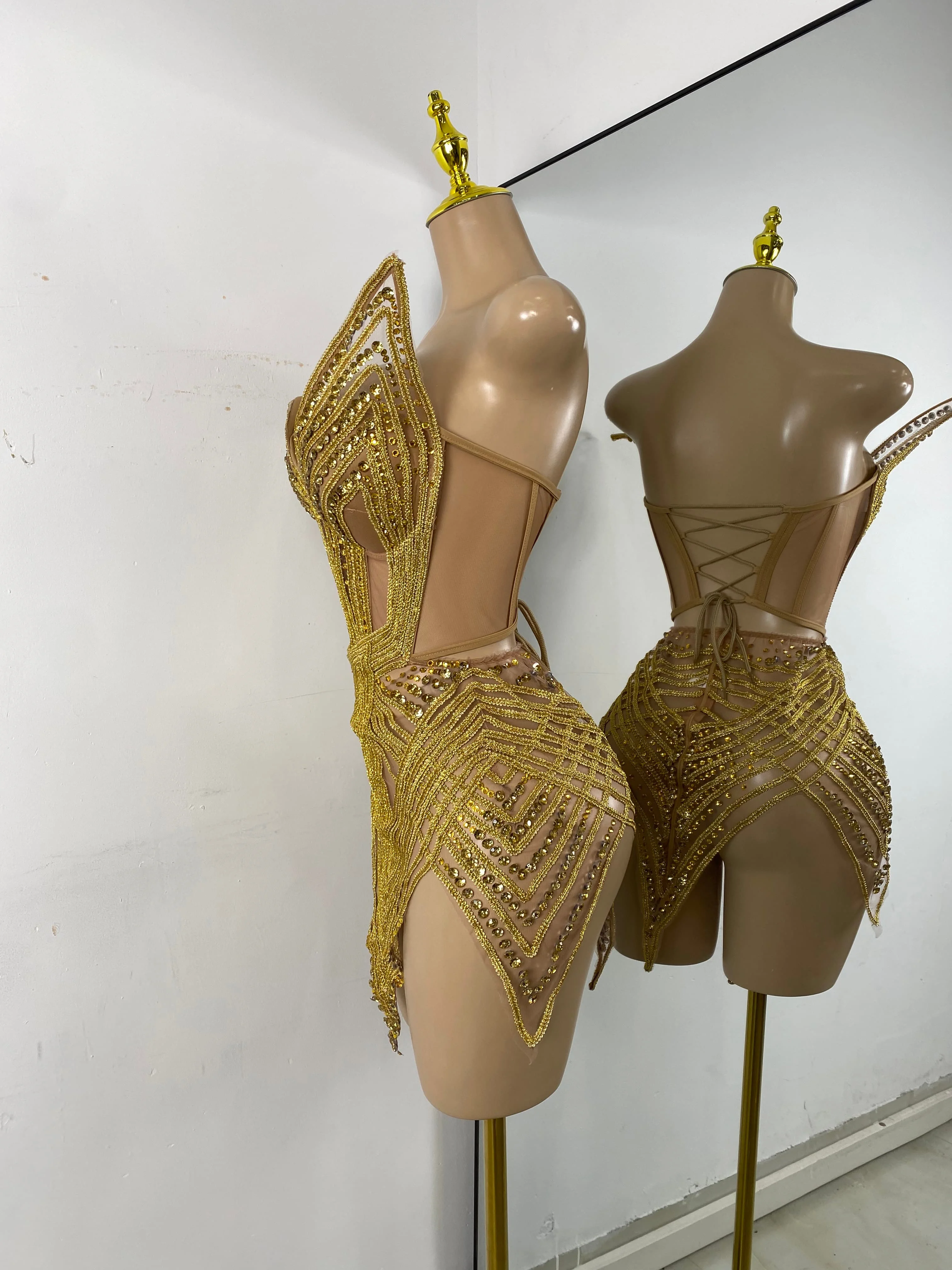 Women Sexy Sprakly Strapless Mesh See Through Mini Birthday Dress Evening Party Nightclub Performance Costume Stage Wear