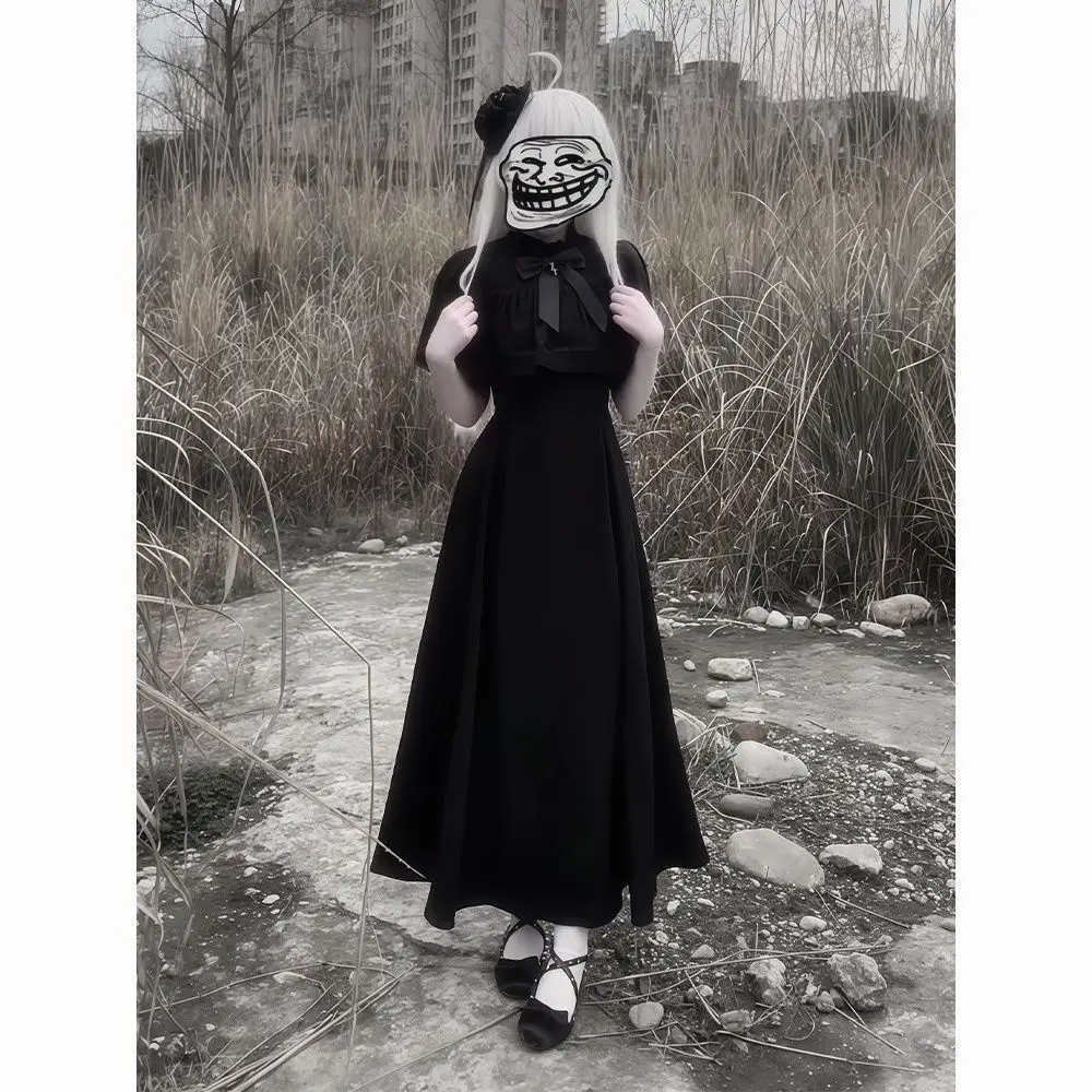 Japanese Gothic Style Retro Black Cape Mid Length Dress Платье Grunge Subcultural Streetwear Punk Black Vestido Y2k
