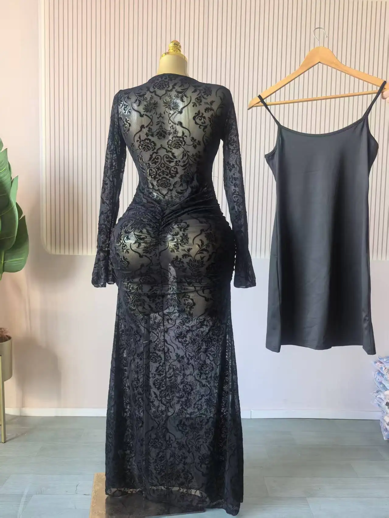CM.YAYA 2025 Fall Women Long Sleeve Stacked Mesh See Though with Lining Bodycon Long Dress Evening Birthday Sexy Party Dresses