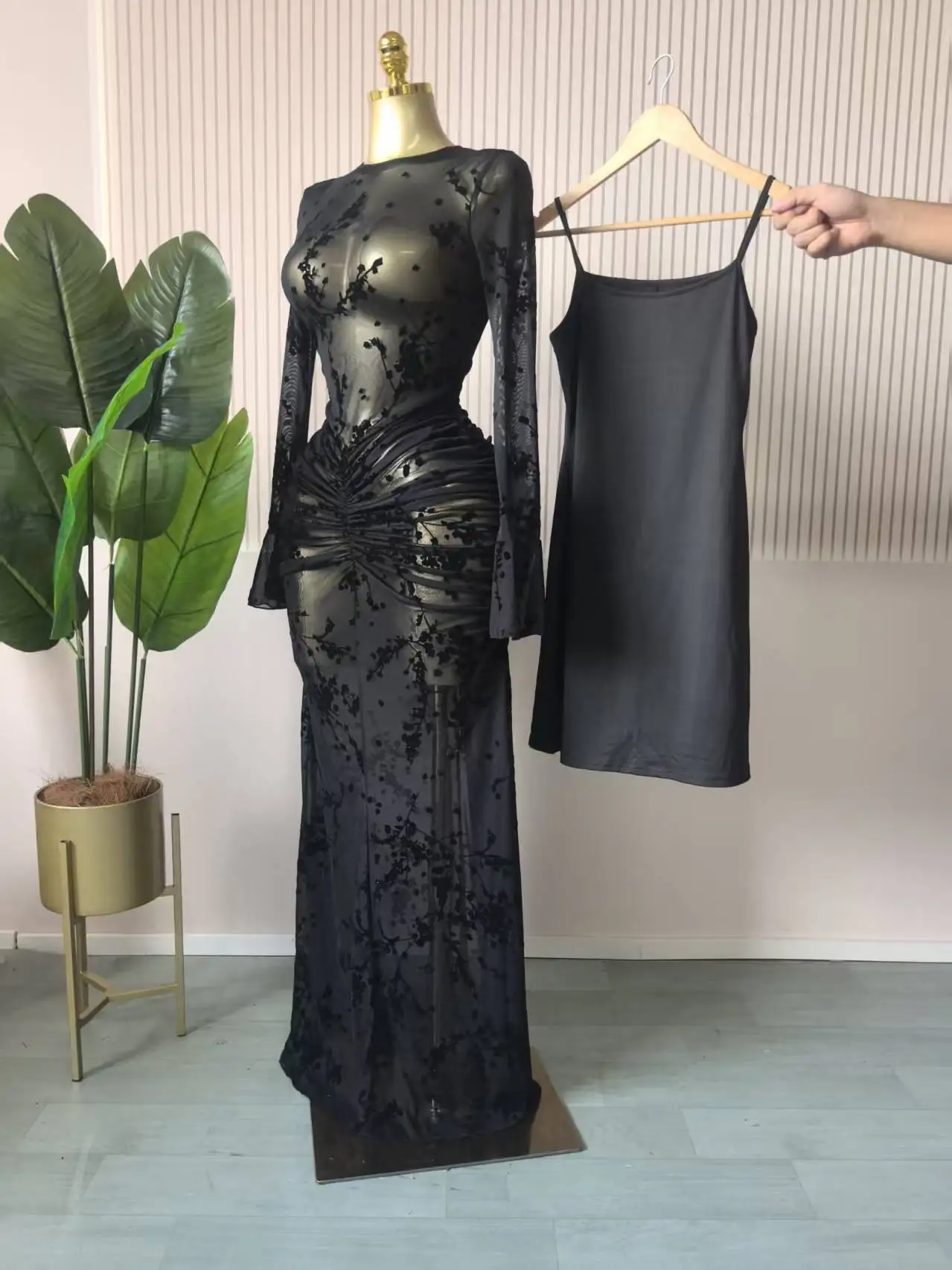 CM.YAYA 2025 Fall Women Long Sleeve Stacked Mesh See Though with Lining Bodycon Long Dress Evening Birthday Sexy Party Dresses