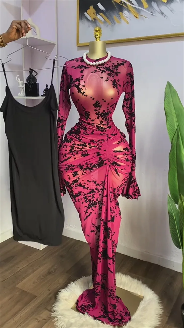 CM.YAYA 2025 Fall Women Long Sleeve Stacked Mesh See Though with Lining Bodycon Long Dress Evening Birthday Sexy Party Dresses