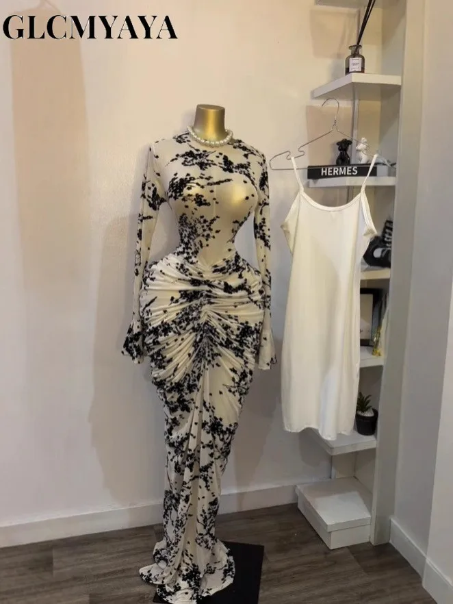 CM.YAYA 2025 Fall Women Long Sleeve Stacked Mesh See Though with Lining Bodycon Long Dress Evening Birthday Sexy Party Dresses