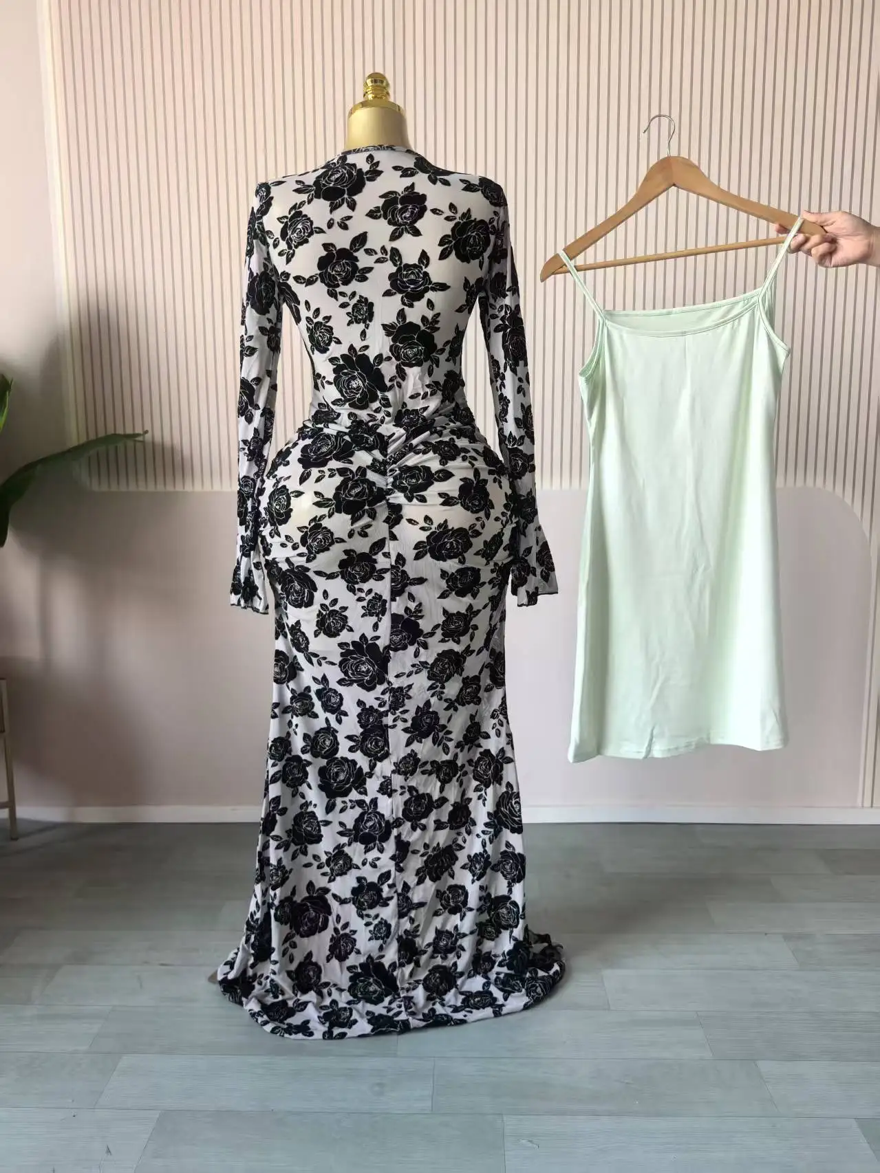 CM.YAYA 2025 Fall Women Long Sleeve Stacked Mesh See Though with Lining Bodycon Long Dress Evening Birthday Sexy Party Dresses