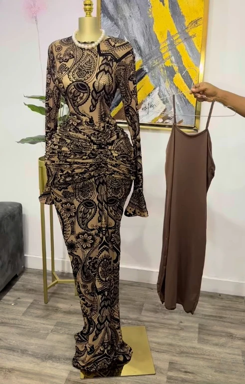 CM.YAYA 2025 Fall Women Long Sleeve Stacked Mesh See Though with Lining Bodycon Long Dress Evening Birthday Sexy Party Dresses