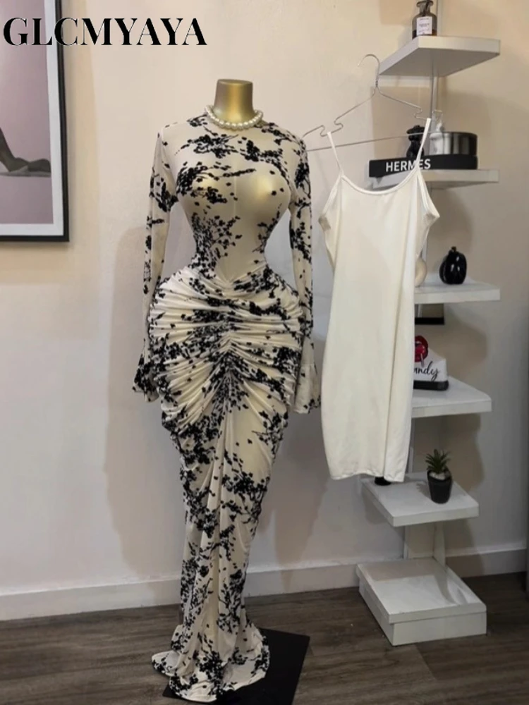 CM.YAYA 2025 Fall Women Long Sleeve Stacked Mesh See Though with Lining Bodycon Long Dress Evening Birthday Sexy Party Dresses
