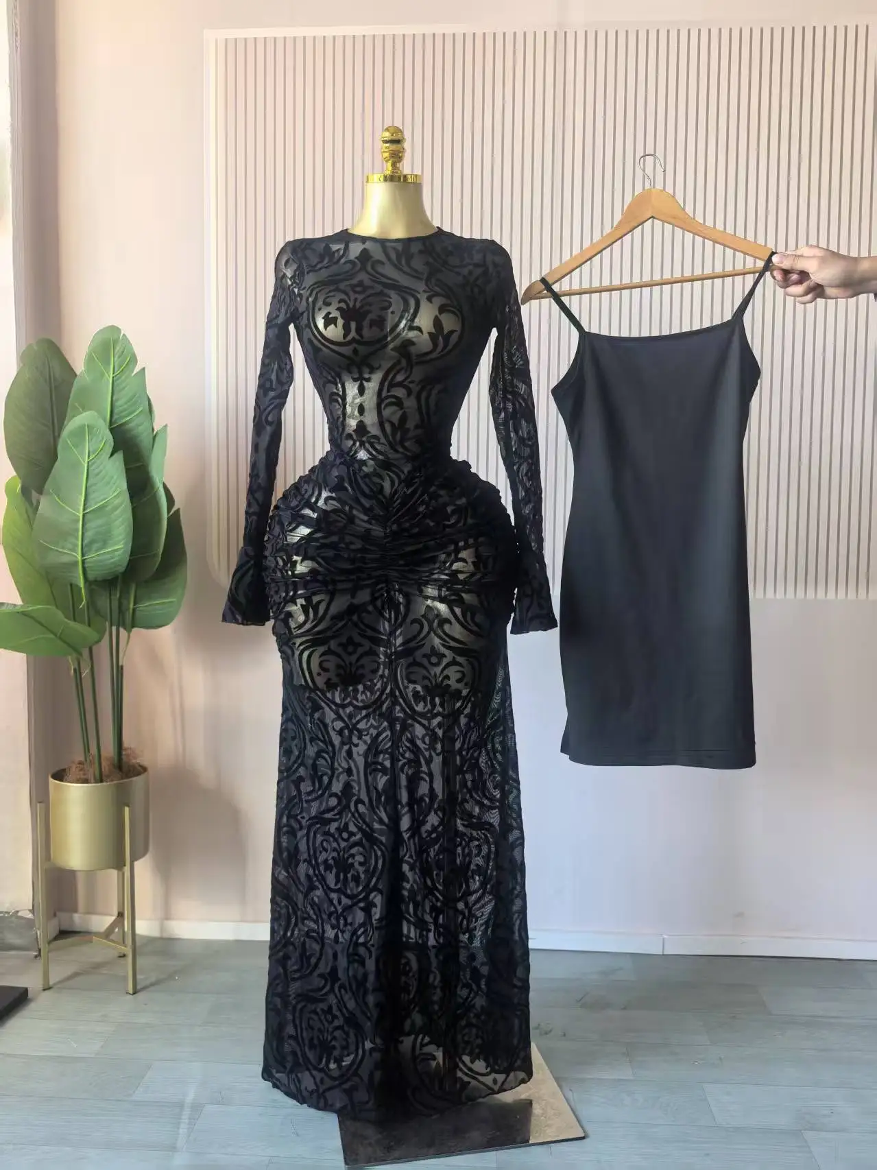 CM.YAYA 2025 Fall Women Long Sleeve Stacked Mesh See Though with Lining Bodycon Long Dress Evening Birthday Sexy Party Dresses