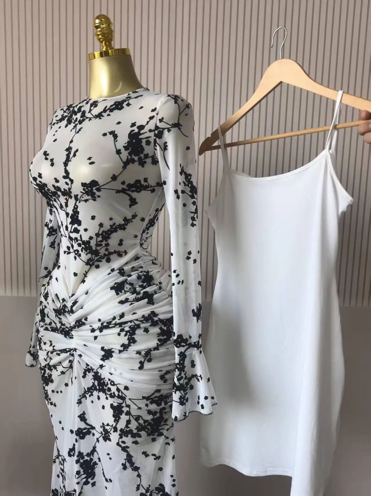 CM.YAYA 2025 Fall Women Long Sleeve Stacked Mesh See Though with Lining Bodycon Long Dress Evening Birthday Sexy Party Dresses