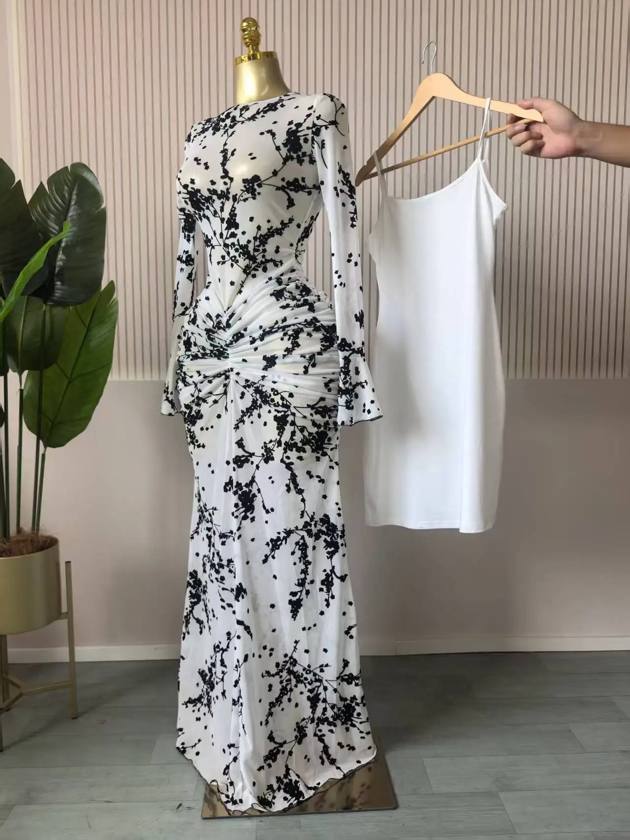 CM.YAYA 2025 Fall Women Long Sleeve Stacked Mesh See Though with Lining Bodycon Long Dress Evening Birthday Sexy Party Dresses