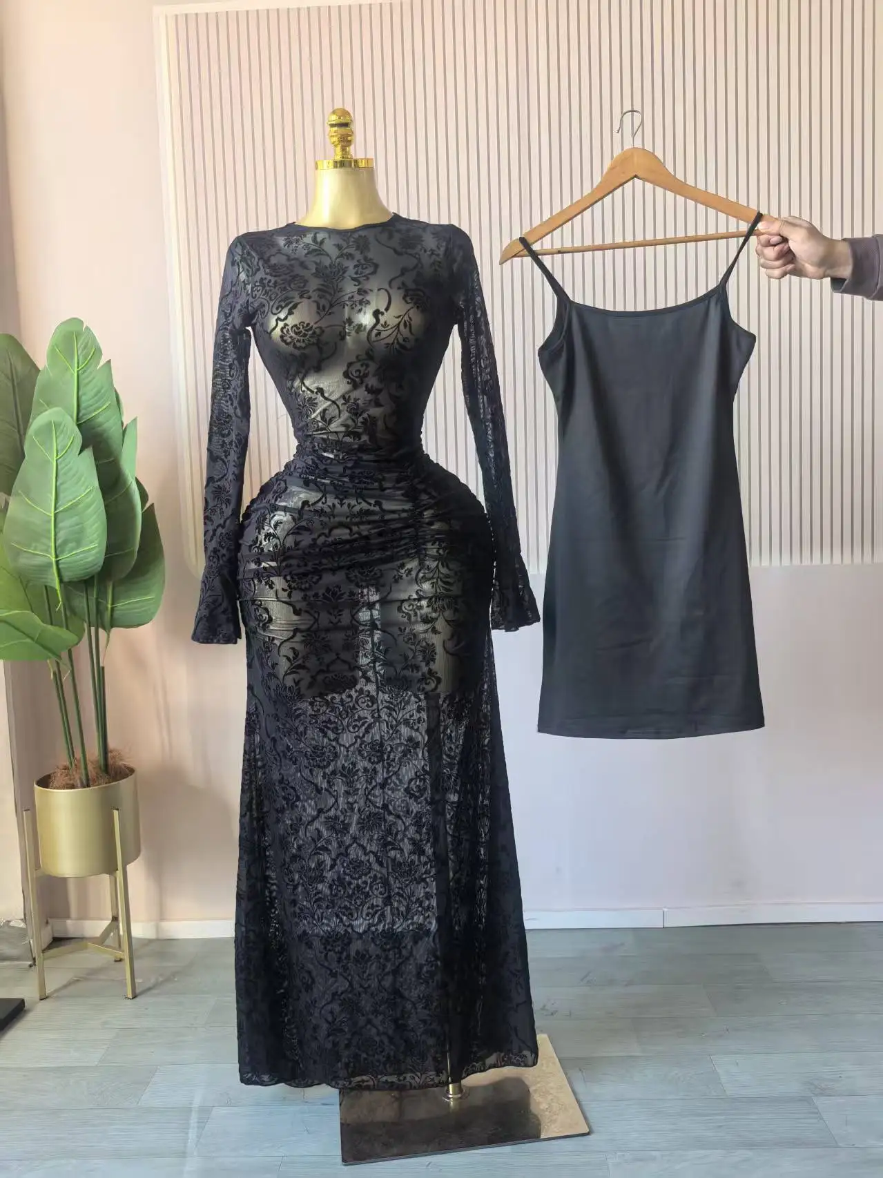 CM.YAYA 2025 Fall Women Long Sleeve Stacked Mesh See Though with Lining Bodycon Long Dress Evening Birthday Sexy Party Dresses