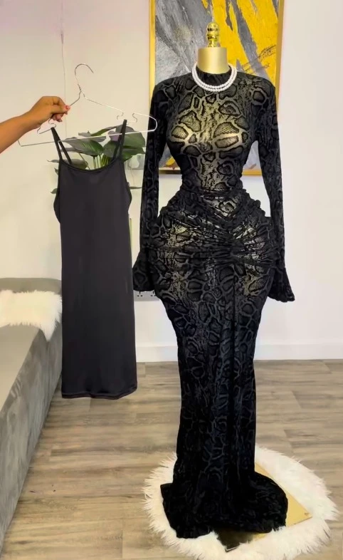 CM.YAYA 2025 Fall Women Long Sleeve Stacked Mesh See Though with Lining Bodycon Long Dress Evening Birthday Sexy Party Dresses