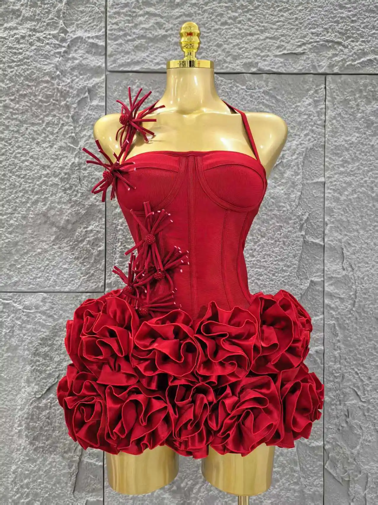 Elegant Skinny Luxury Birthday Party Red Black Bandage Outfit Women Sexy Halter Prom Gown Celebrity Club Two Piece Set Cocktail