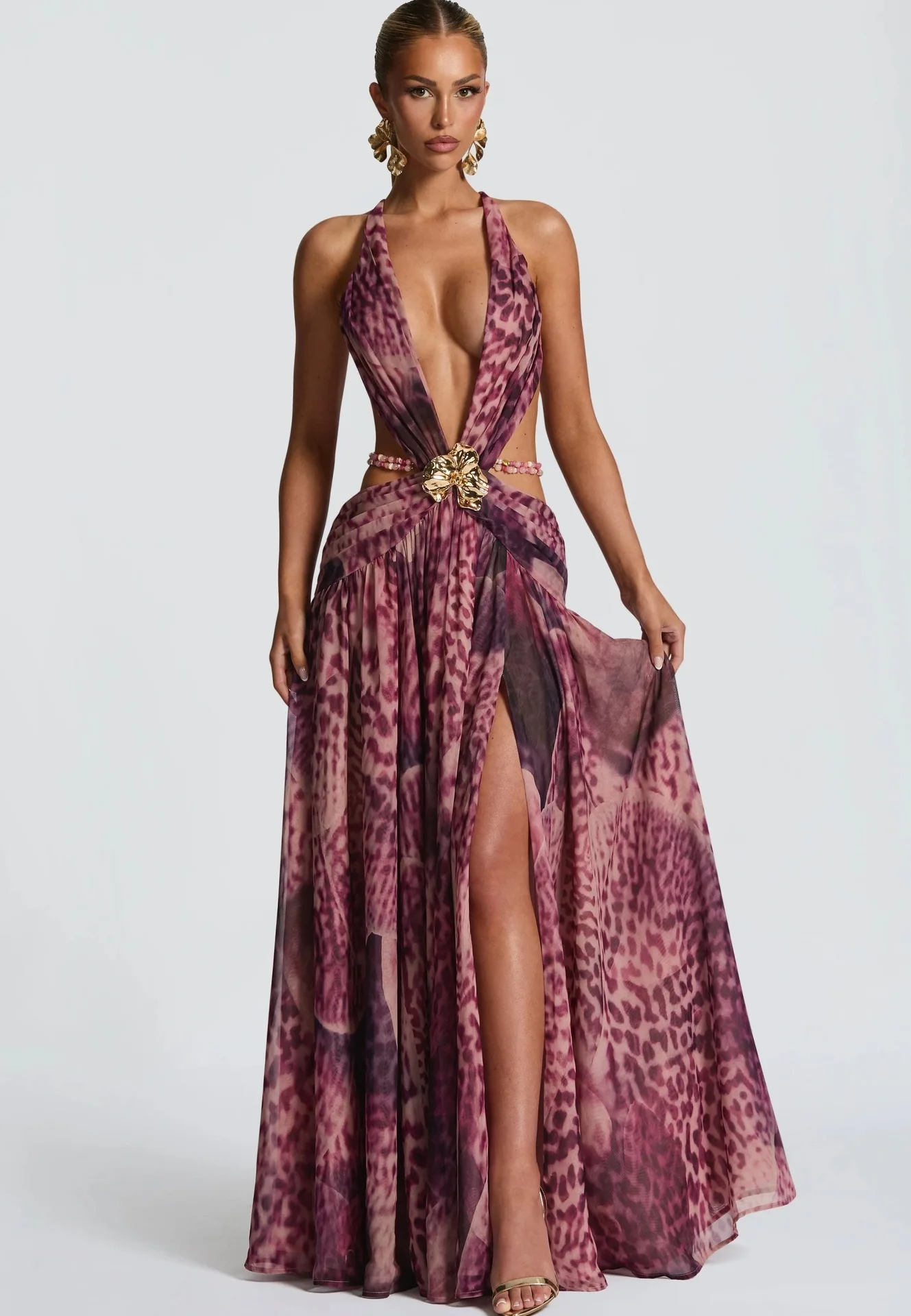 Townlike Leopard A-line Maxi Long Dress Women Halter 2026 Spring Summer Dress Deep V Neck Split Nightclub Sexy Party Dresses