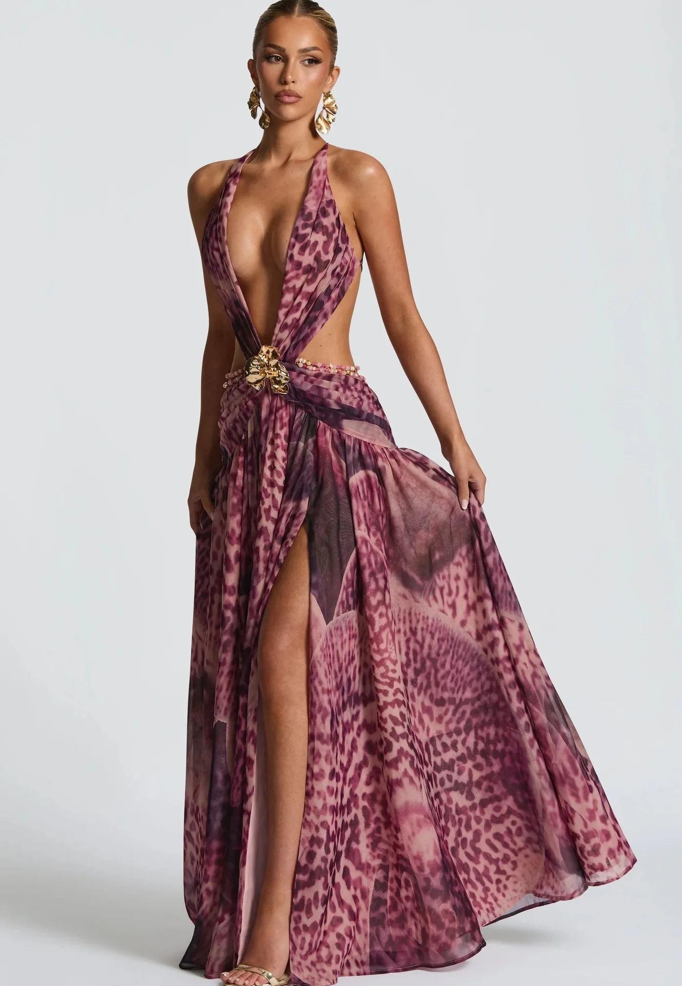 Townlike Leopard A-line Maxi Long Dress Women Halter 2026 Spring Summer Dress Deep V Neck Split Nightclub Sexy Party Dresses