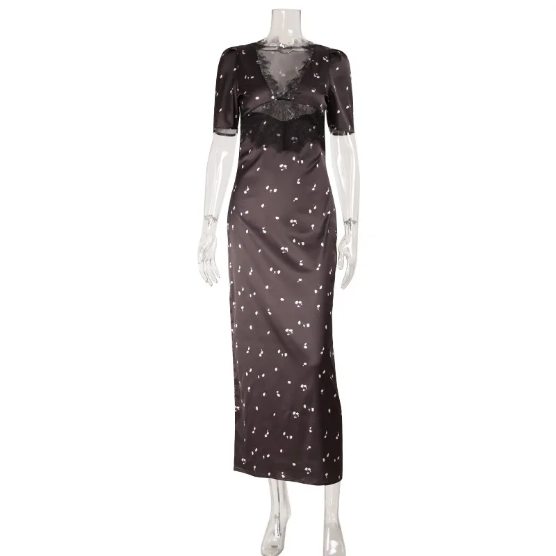 Lace Patchwork Printed Maxi Dresses for Women Fashion Sexy Streetwear Short Sleeves Slim Hollow Out Long Vestidos Robes Female
