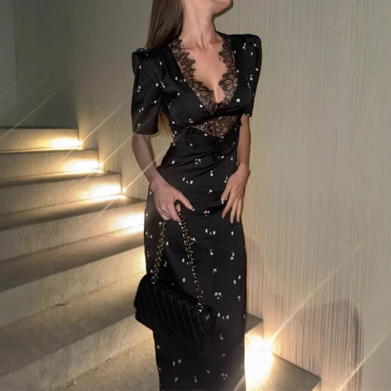Lace Patchwork Printed Maxi Dresses for Women Fashion Sexy Streetwear Short Sleeves Slim Hollow Out Long Vestidos Robes Female