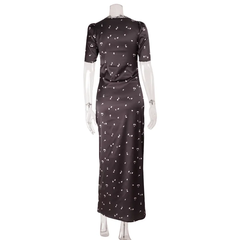 Lace Patchwork Printed Maxi Dresses for Women Fashion Sexy Streetwear Short Sleeves Slim Hollow Out Long Vestidos Robes Female