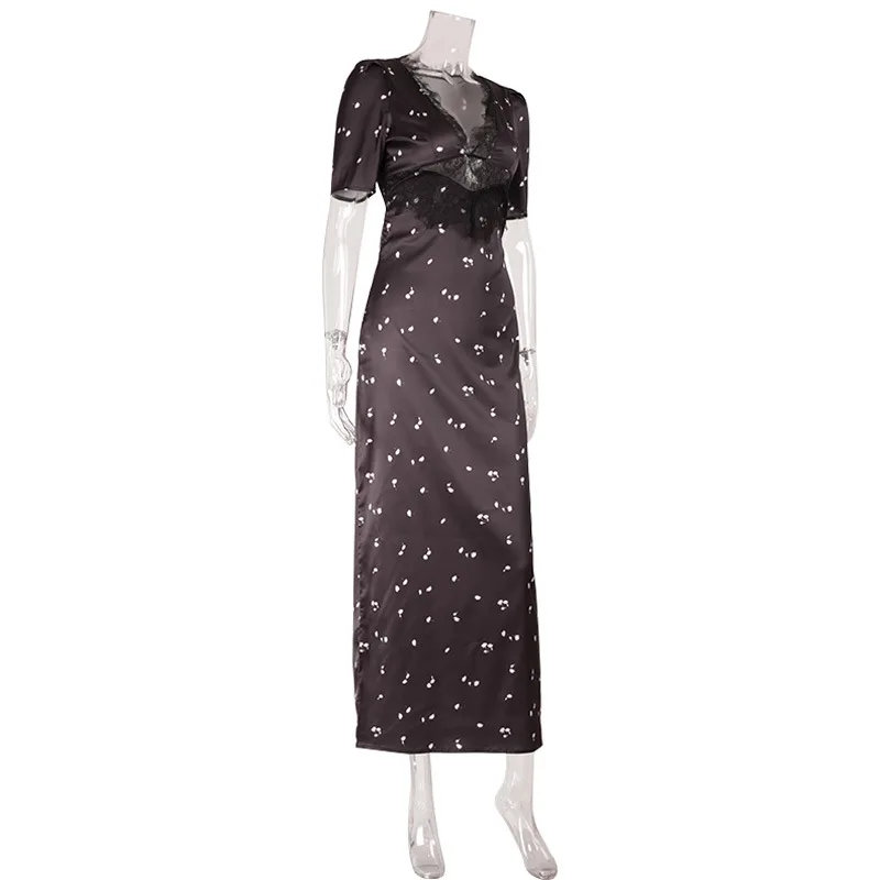 Lace Patchwork Printed Maxi Dresses for Women Fashion Sexy Streetwear Short Sleeves Slim Hollow Out Long Vestidos Robes Female