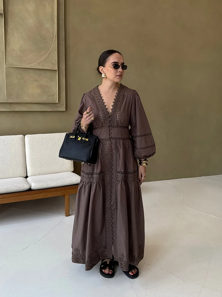 Elegant White Hollow Out Embroidery Long Dress Women V Neck Puff Sleeve Loose Maxi Dresses 2026 Autumn Casual Daily Party Robes
